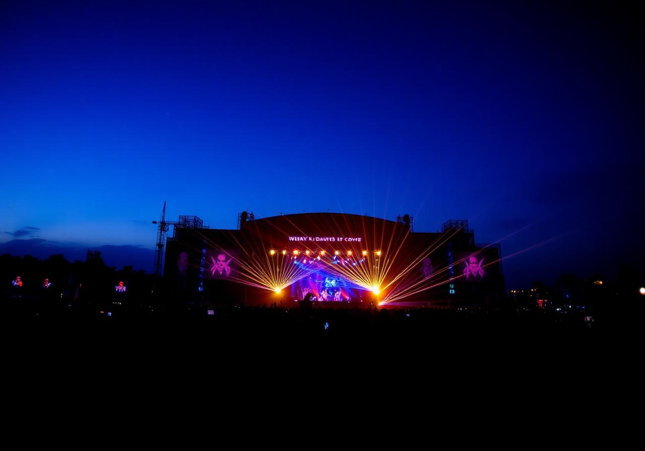 Festivalpodium met lasershow tegen nachthemel